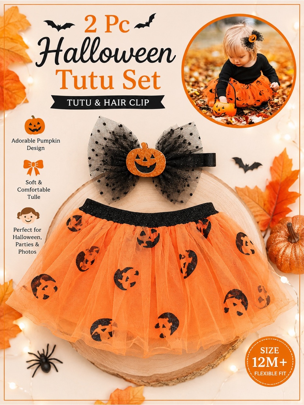 Halloween Pumpkin Tutu Set with Hair Clip - Orange & Black